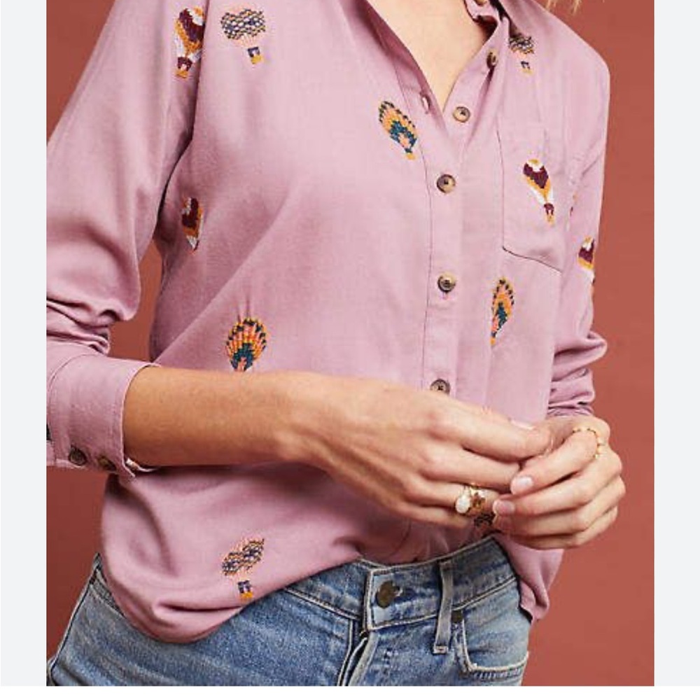 Anthropologie Womens County Fair Shirt Embroidered Hot Air Balloons